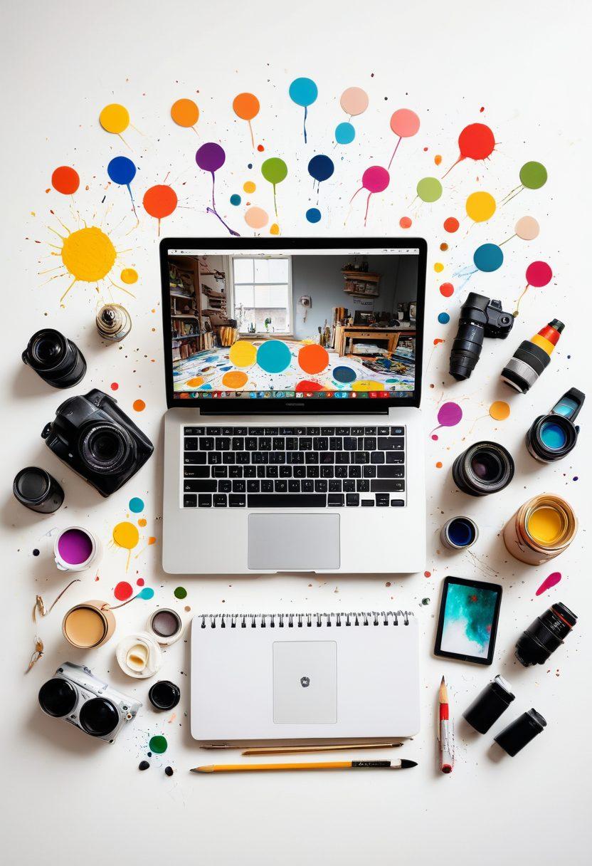 A vibrant collage showcasing a laptop with a blog interface open, surrounded by photography gear like a camera and lenses, creative tools such as sketchbooks and color palettes, and a smartphone displaying the Histagram app. The scene is set in a bright, inspiring workspace with natural light streaming in. Elements like creativity symbols (like lightbulbs and paint splashes) float around to represent ideas and inspiration. super-realistic. vibrant colors. white background.
